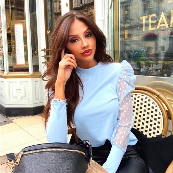 Cassie Blush Pink Polka Dot Mesh Sleeve Blouse Top - Picture 3 of 11